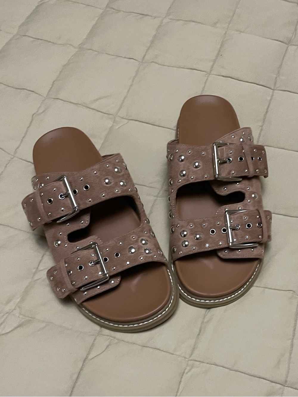 Universal Thread Studded Double-Buckle Slide Sandals in Mauve Taupe